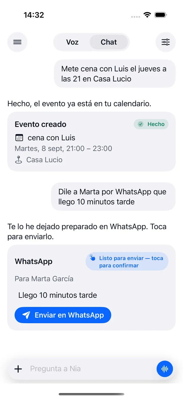 Conversación en Nia: un evento creado en el calendario con la insignia Hecho, y debajo un mensaje de WhatsApp ya redactado con el botón Enviar en WhatsApp