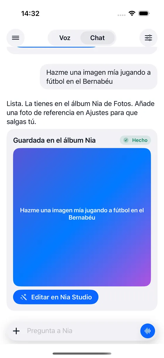 Tarjeta de Nia con la imagen generada, el aviso de que está guardada en el álbum Nia y el botón para editarla en Nia Studio