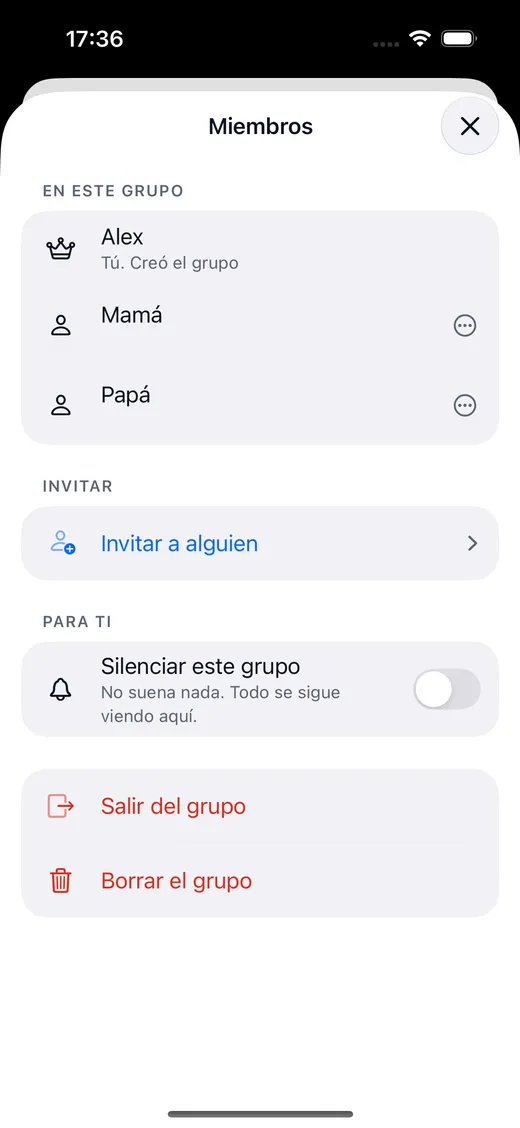 Pantalla de miembros de un grupo de Nia con el creador, los demás miembros, el botón de invitar y el interruptor de silenciar