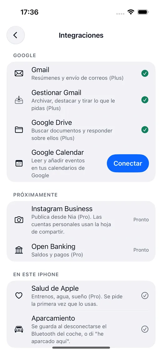 Pantalla de integraciones de Nia con Gmail, Drive y Google Calendar, las que llegarán después y las que ya están en este iPhone