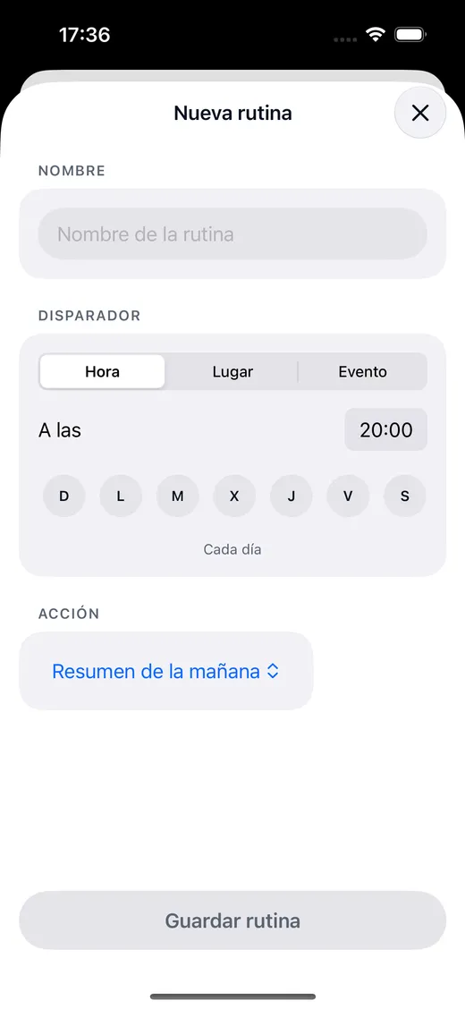 Editor de rutinas en Nia con las pestañas de disparador por hora, lugar o evento, el selector de días y la acción a ejecutar