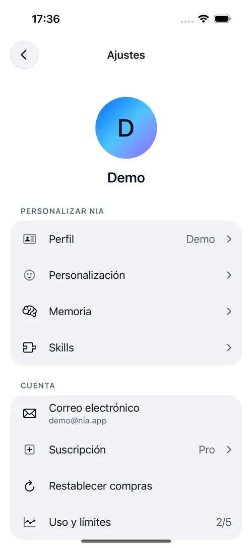 Ajustes de Nia con el acceso a perfil, personalización, memoria y skills
