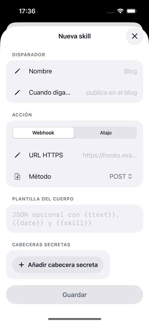 Editor de habilidades en Nia: frase que la dispara, pestañas de webhook o atajo, la URL HTTPS, el método y la plantilla del cuerpo JSON