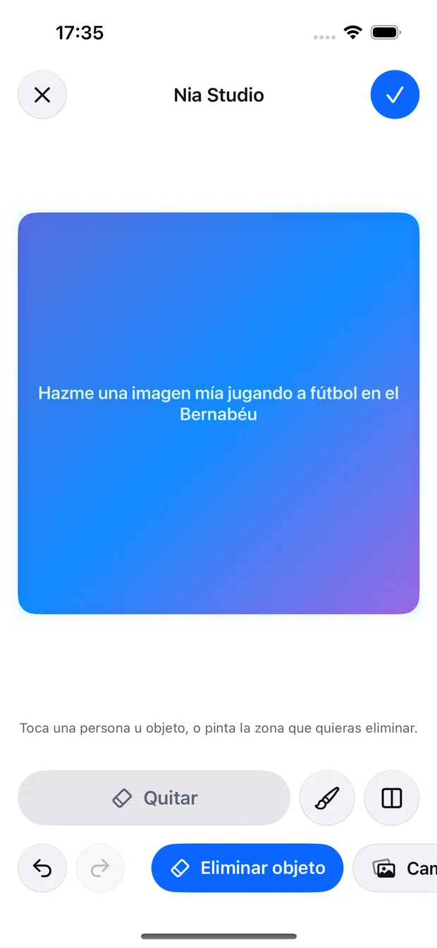 Nia Studio abierto sobre una foto, con la selección activa, el pincel, el comparador de antes y después y los botones de deshacer y rehacer