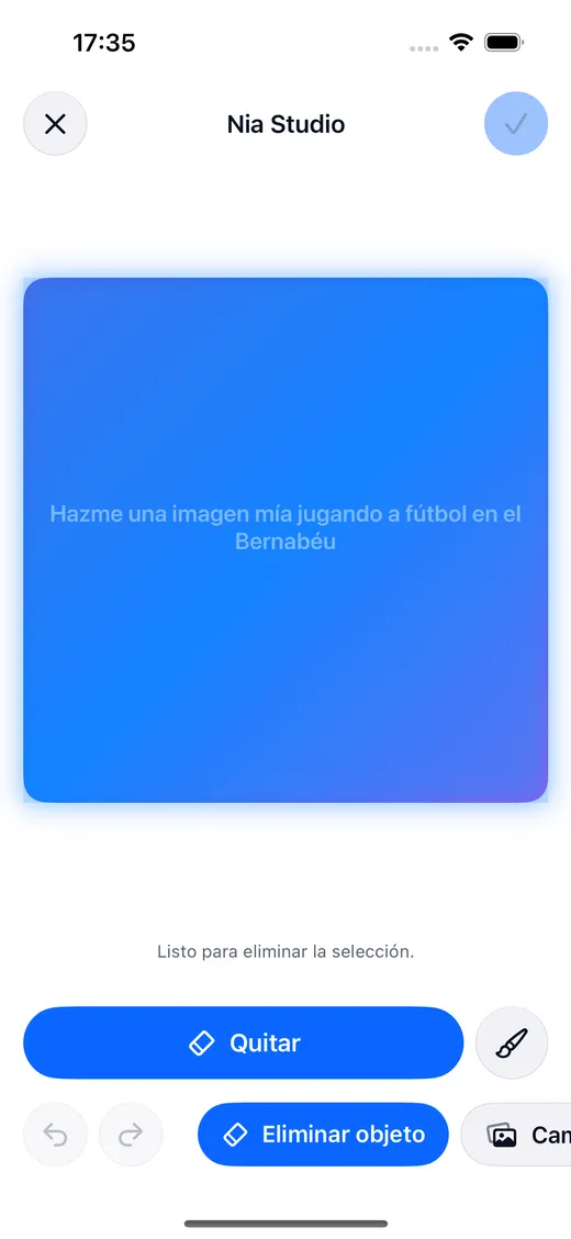 Una foto abierta en Nia Studio con la selección encendida sobre el objeto que se va a quitar
