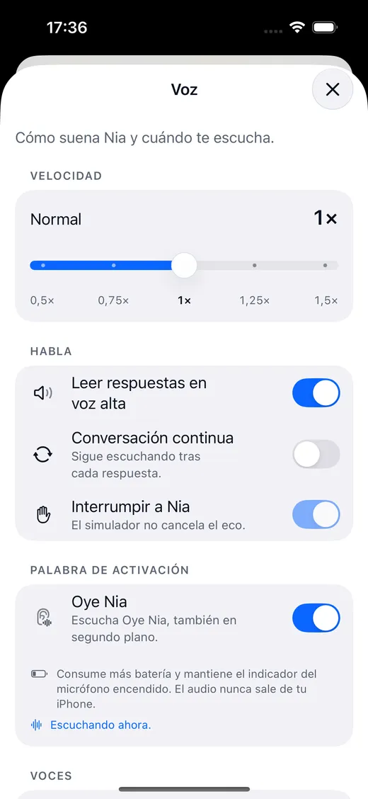 Ajustes de voz de Nia con «Oye Nia» activado, la velocidad de habla y los interruptores de leer en alto, modo continuo e interrupción